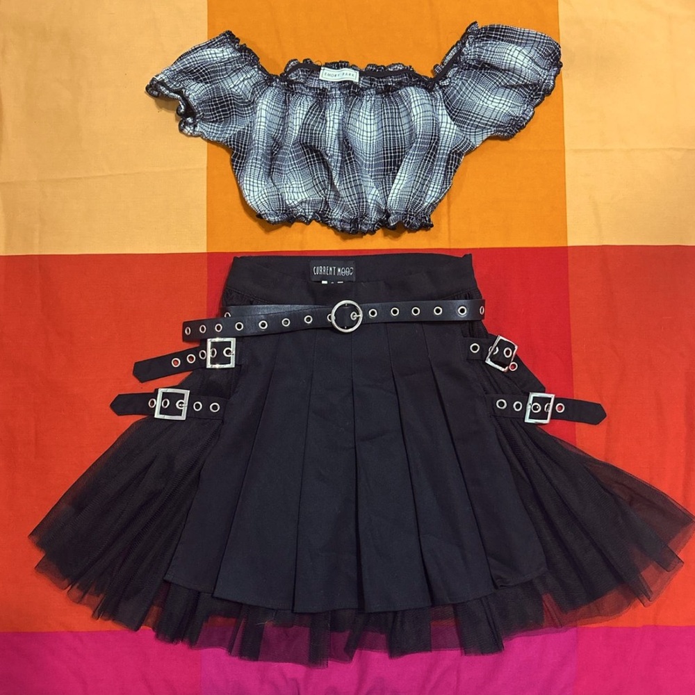 Black and White Goth Plaid Off-Shoulder Crop Top